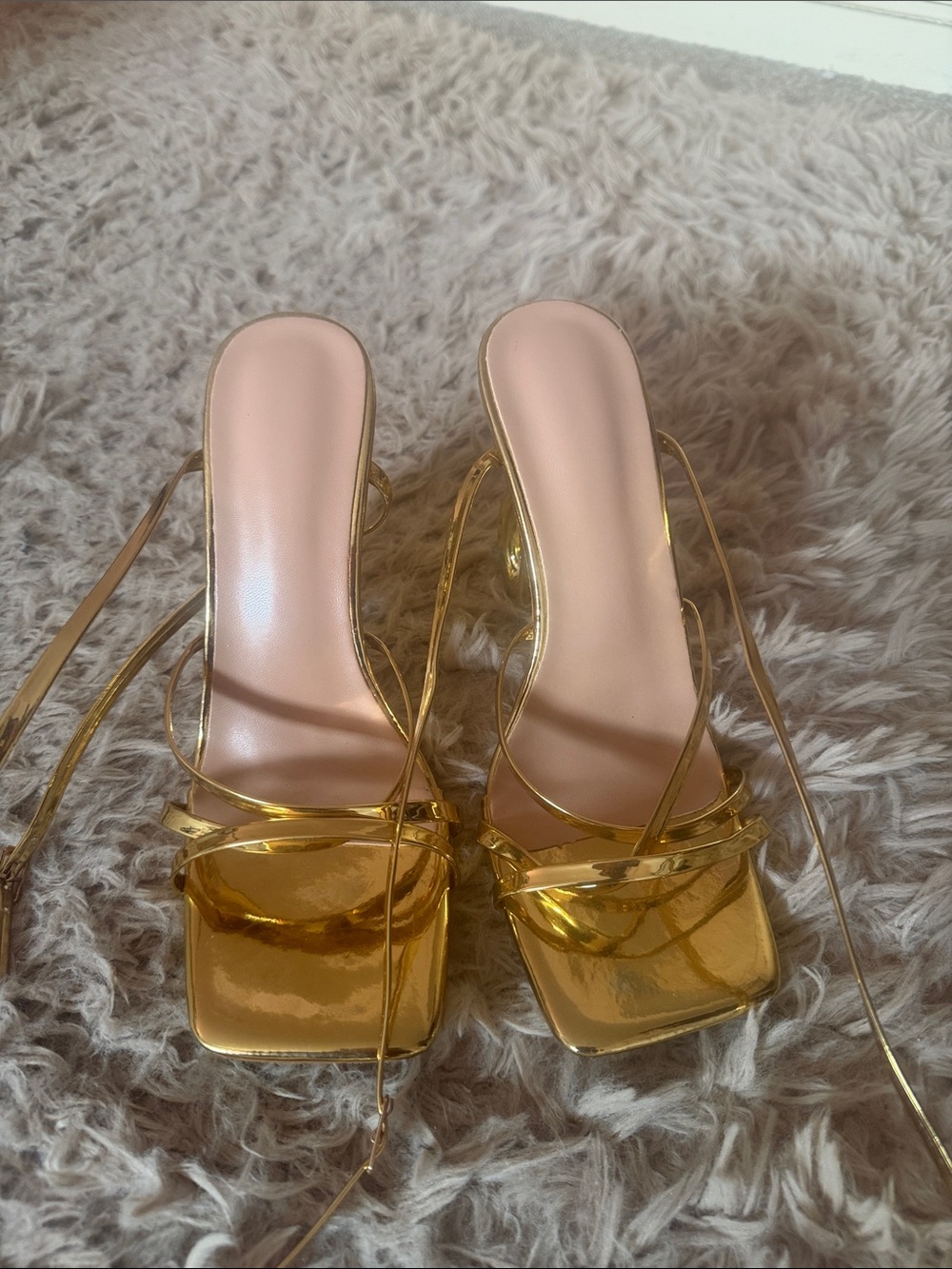 Metallic Gold Strappy Square-Toe Heeled Sandals gold size 7.5 like new
